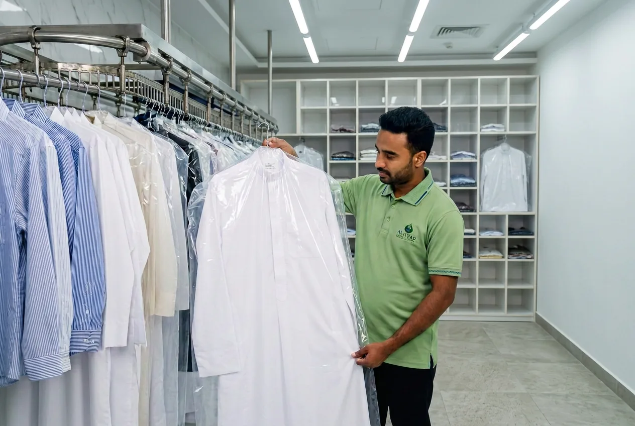 Final check on a dry-cleaned thobe