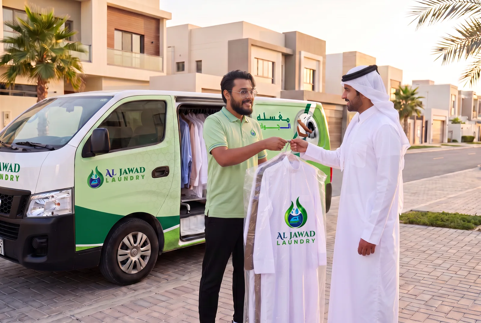 Al Jawad driver returning a cleaned thobe to a customer