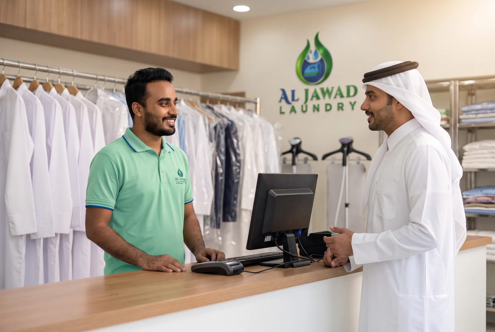 Customer being served at the Al Jawad Laundry counter