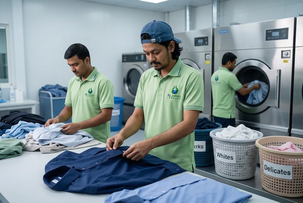 Sorting whites, colours and delicates into labelled baskets