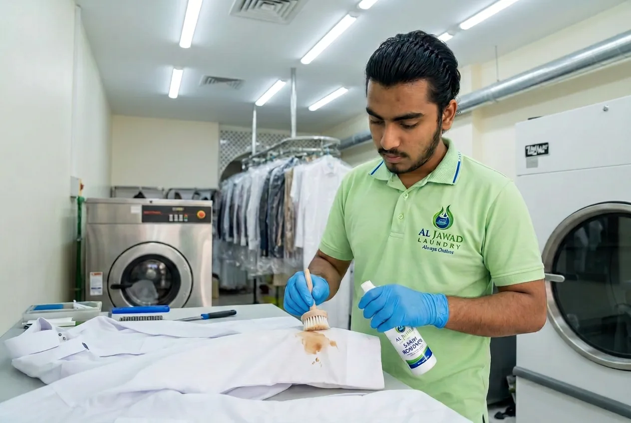 Treating a stain on a white thobe by hand