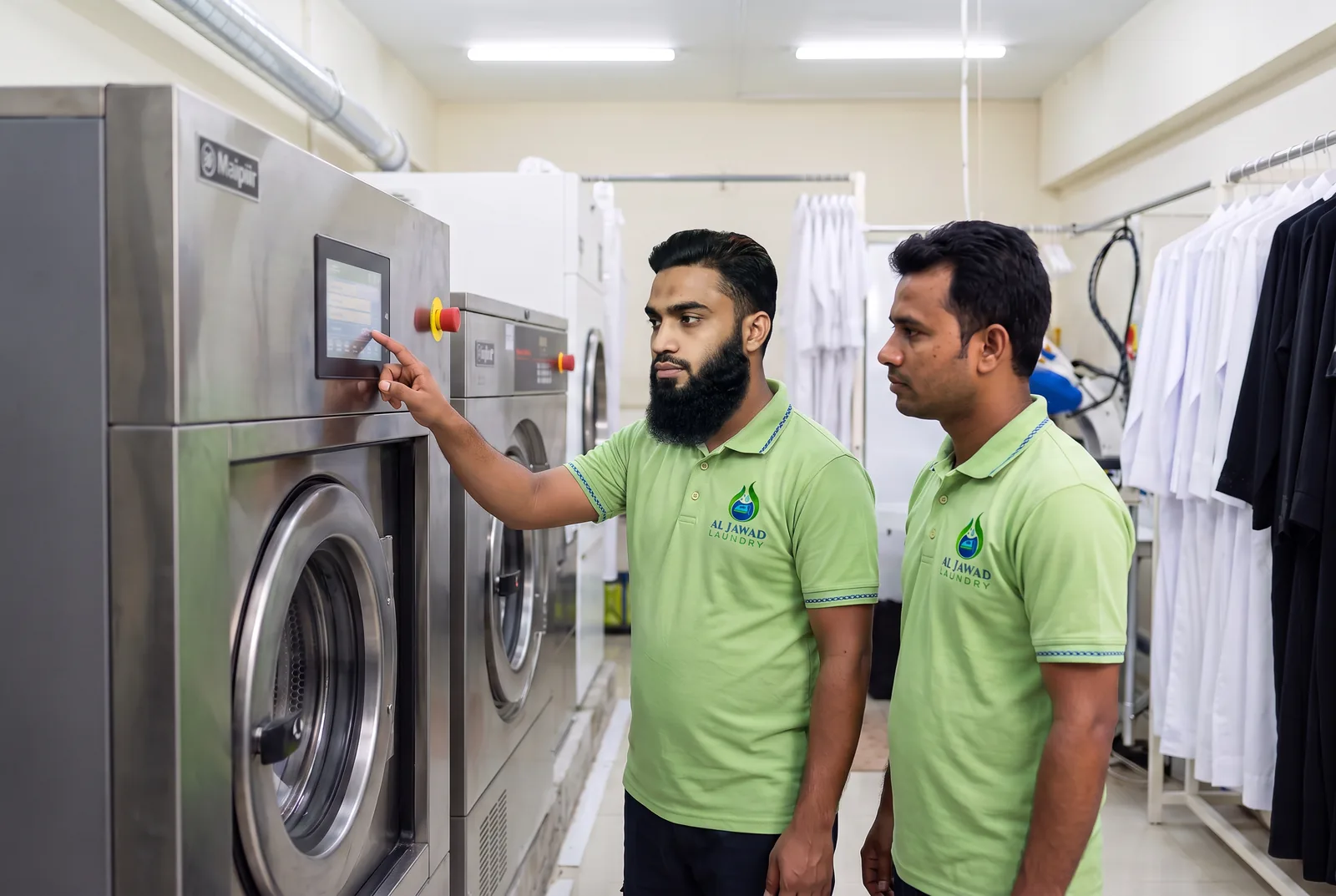 A senior staff member showing a colleague the machine settings
