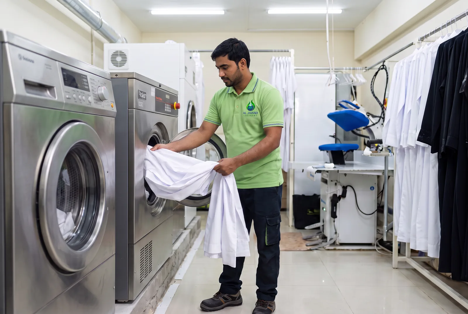 Loading a washing machine at Al Jawad Laundry
